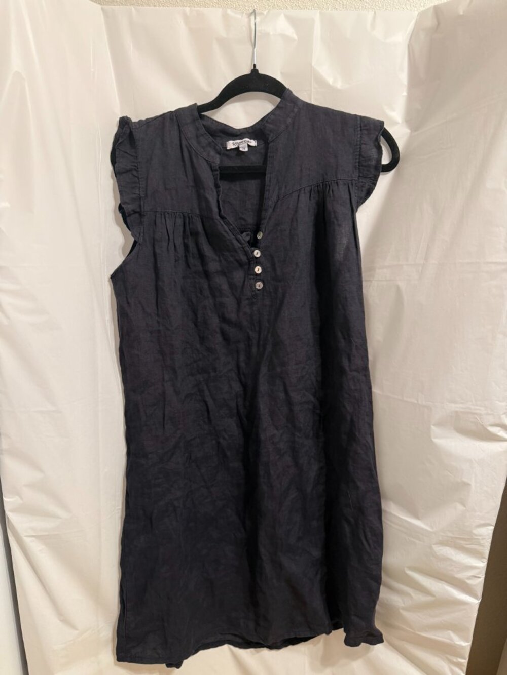 Rosemarine Made in Italy 100% Linen Black Ruffle Sleeve Button Front Dress Med